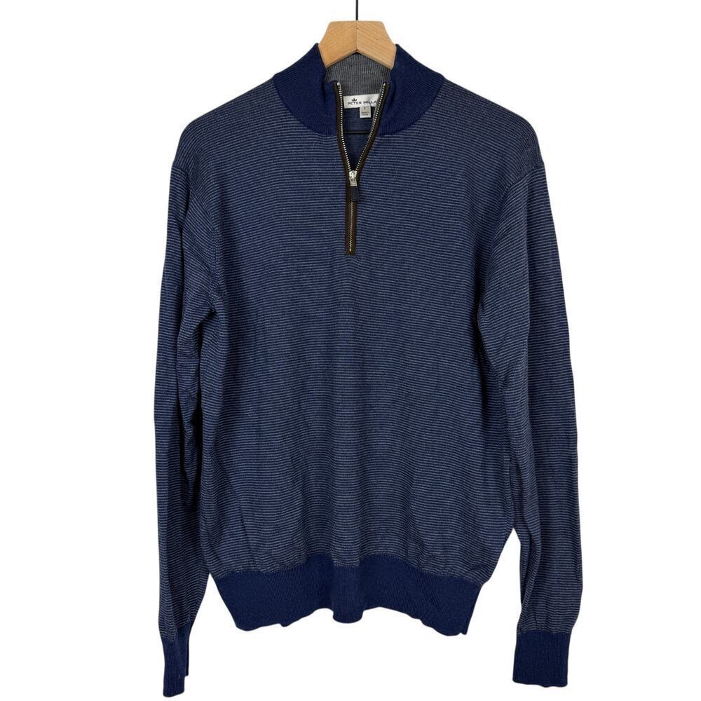 Peter Millar 100% Merino Wool Sweater 1/4 Zip Men's L Blue Grey Stripes Golf